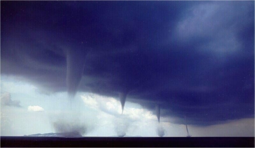 tornadoes forming. the whirlpools form lines